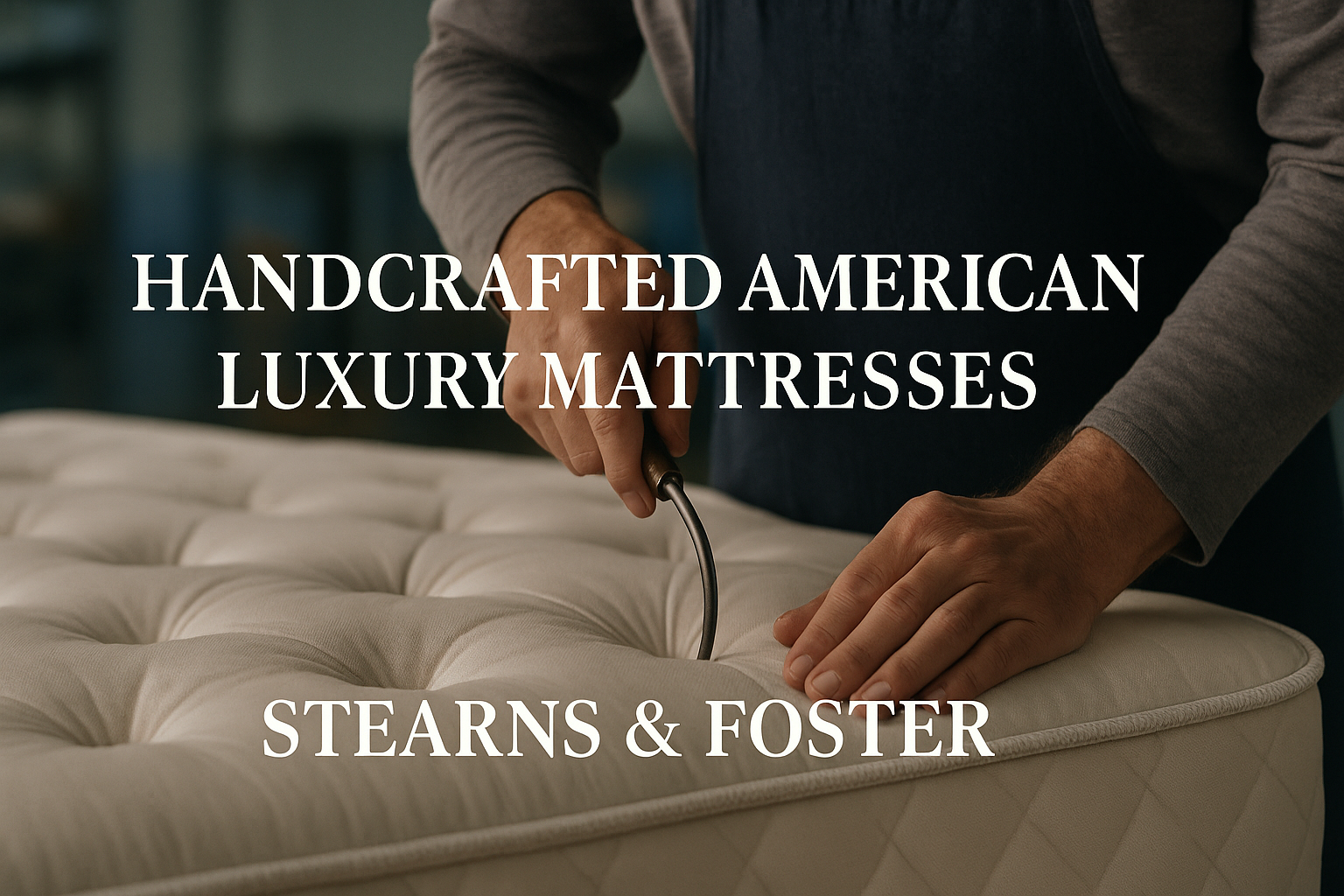 Skilled artisan hand-tufting a Stearns & Foster mattress, symbolizing American-made quality and craftsmanship.