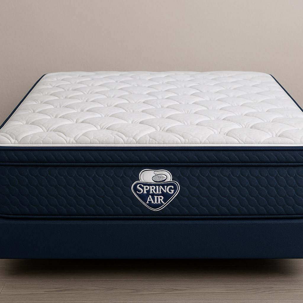 Spring Air mattress with a navy blue base and white quilted top panel displayed in a modern bedroom setting.
